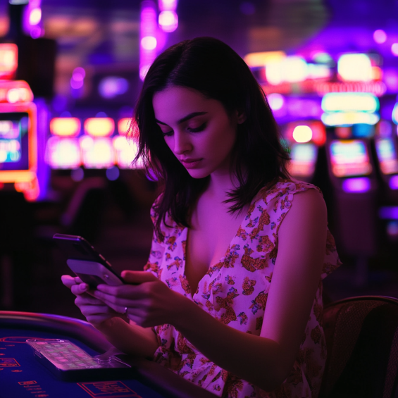 Person playing on a phone in a purple-lit environment
